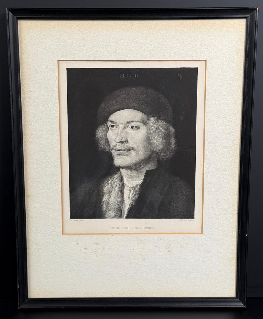 Albrecht Durer Portrait of a Young Man Engraving: 11 5/8" by 14 3/4" framed.