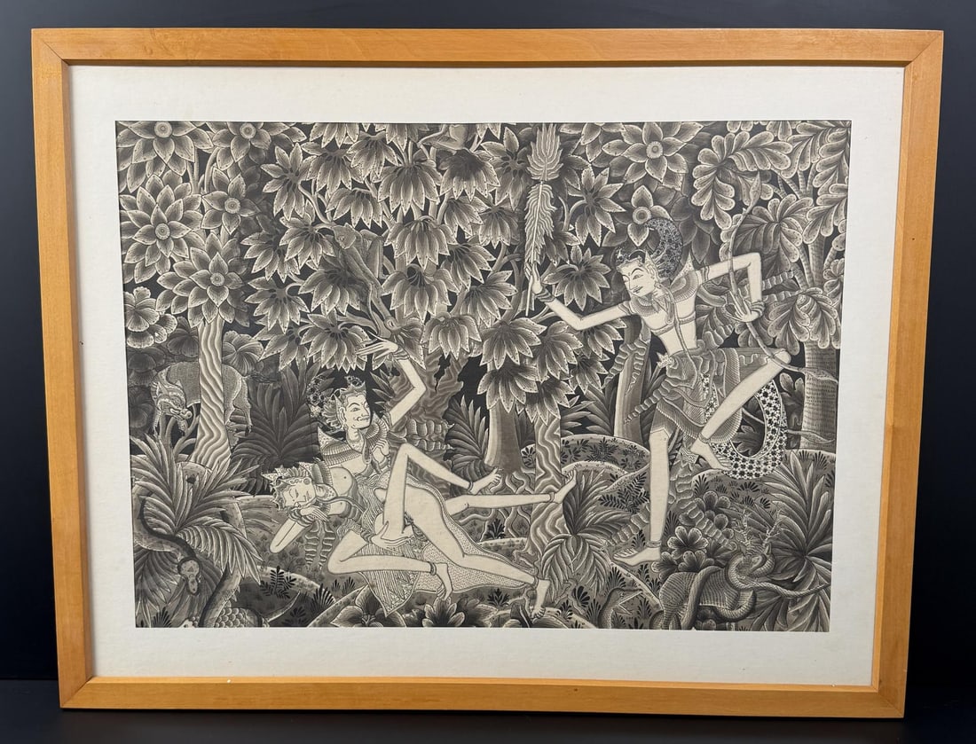 Indonesian Erotic Woodblock Print: 21" by 27" framed.