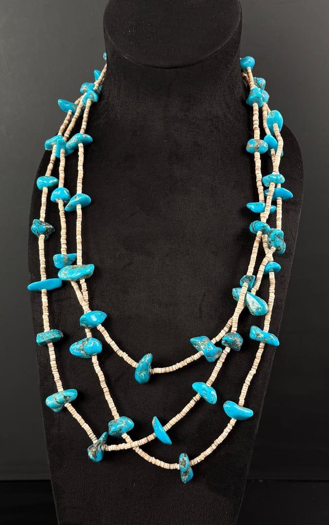 Santo Domingo Pueblo Turquoise Heishi Necklace: 14 1/2" long as displayed.