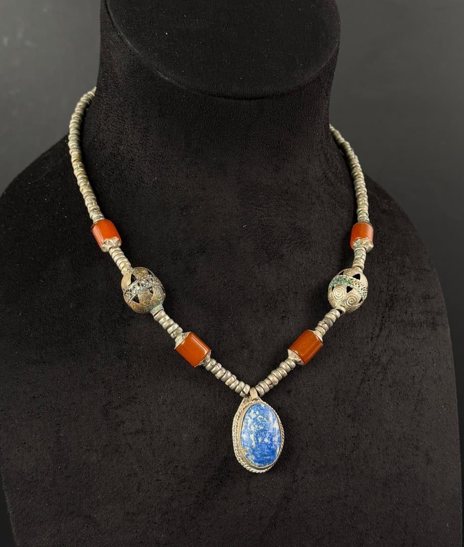 Afghan Lapis Lazuli Necklace: 11 1/4" long as displayed.