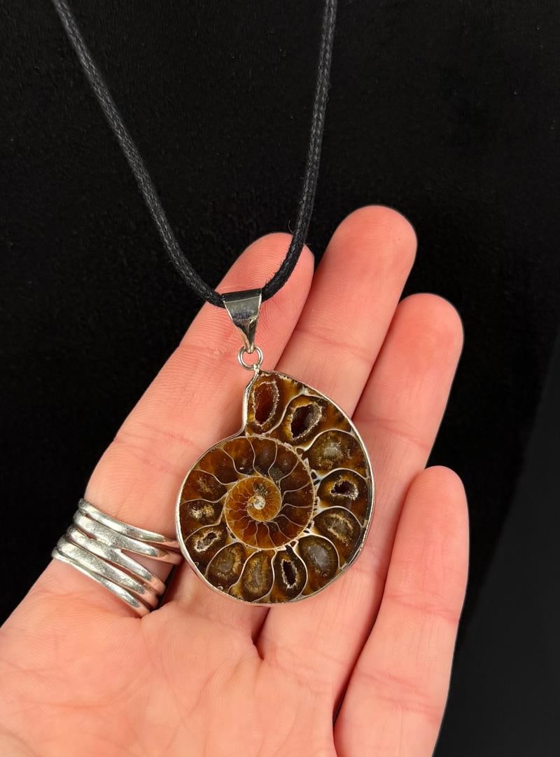 Sterling Silver Ammonite Necklace: 15 1/4" long as displayed.