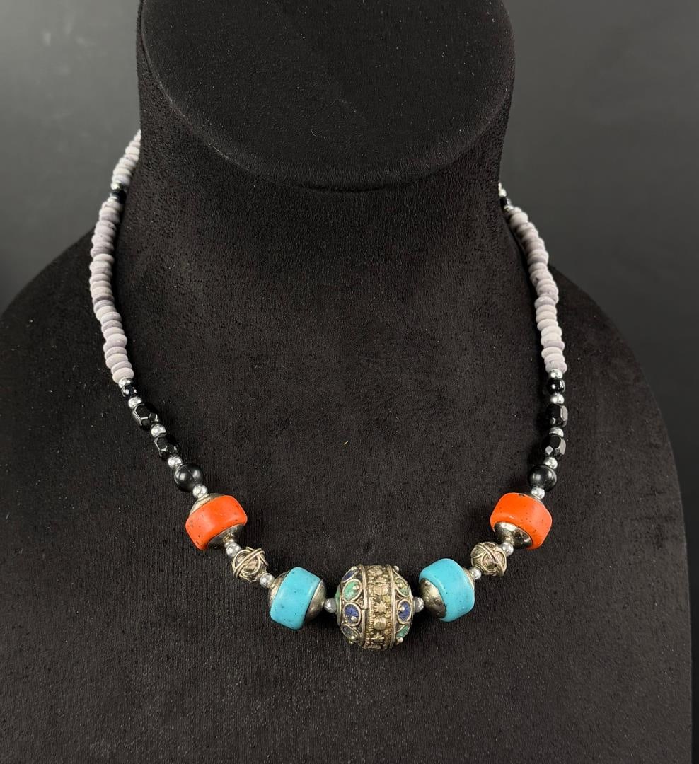 Tibetan Tribal Coral Lapis Necklace: 9 5/8" long as displayed.
