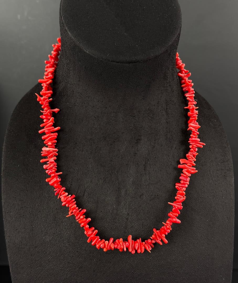 Sterling Silver Red Branch Coral Necklace: 10 1/2" long as displayed.
