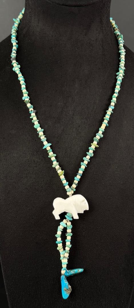 Zuni Heishi Buffalo Fetish Necklace: 17" long as displayed.