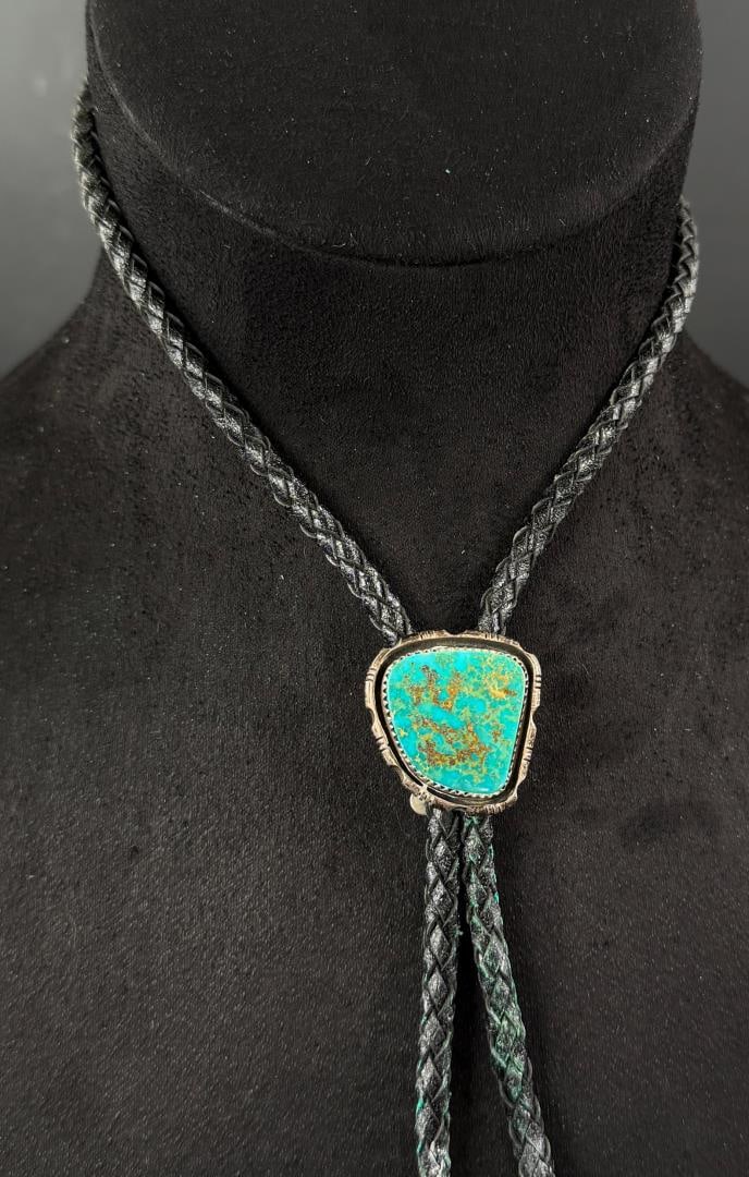 Navajo Sterling Silver Turquoise Bolo Tie: 17 1/4" long as displayed.
