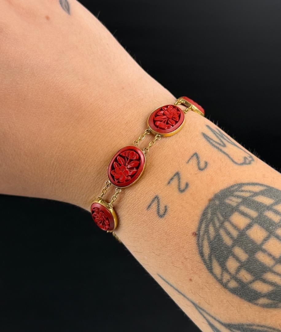 Chinese Silver Export Cinnabar Bracelet: 6 1/2" inner circumference. 7.77 grams.