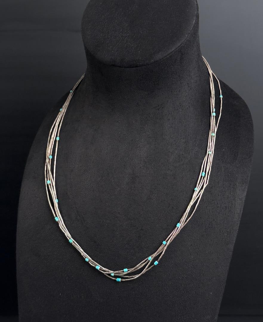 Navajo Sterling Silver Liquid Silver Necklace: 12 1/4" long as displayed. 13.88 grams.
