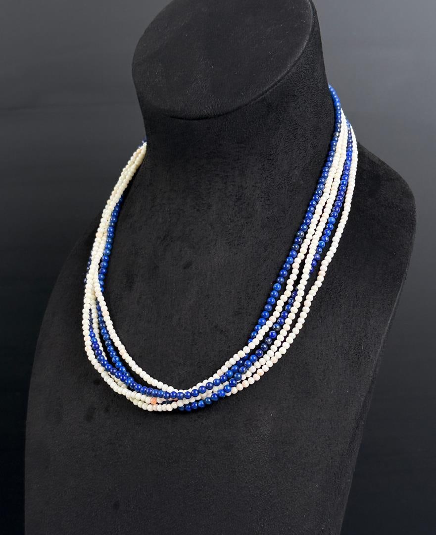 10k Gold Coral Lapis Lazuli Necklace: 11" long as displayed. 59.12 grams.
