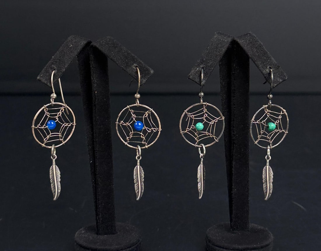 Navajo Dreamcatcher Sterling Silver Earrings: 1 5/8" long. 4.18 grams.