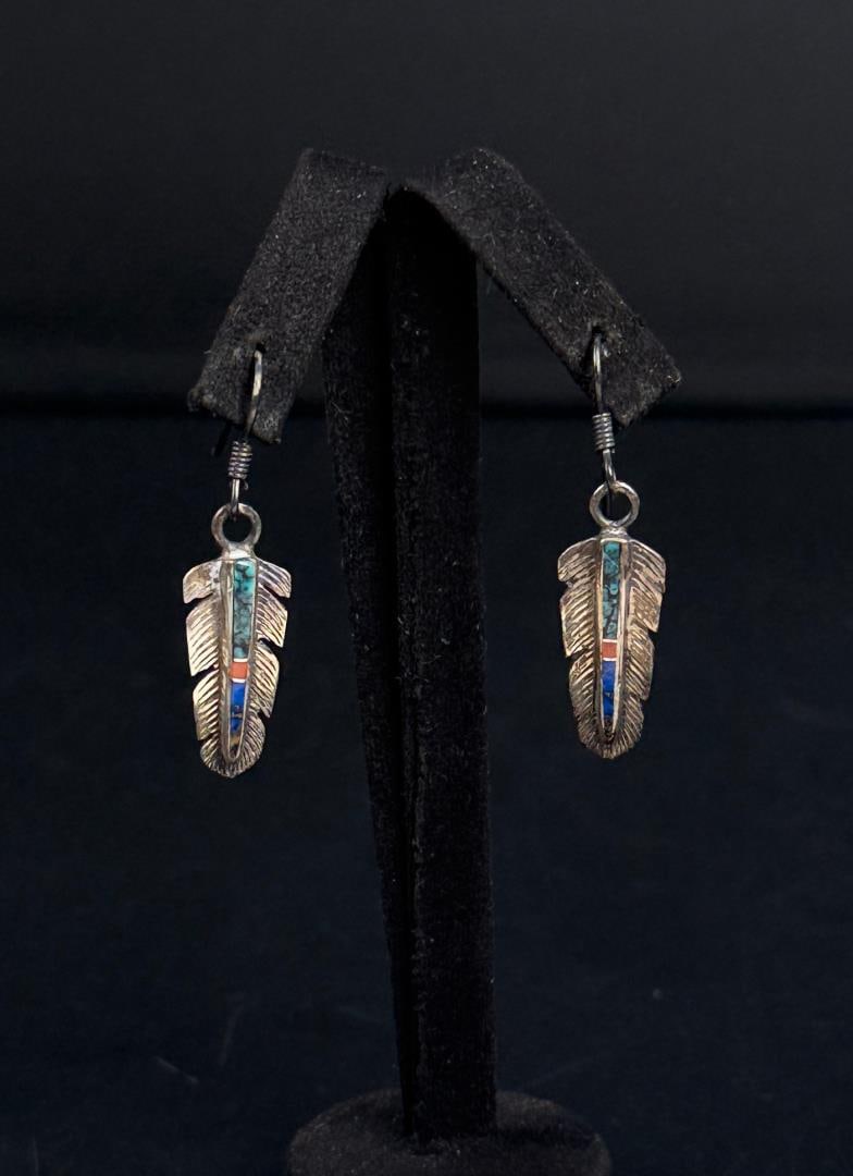 Navajo Feather Inlaid Sterling Silver Earrings: 3.98 grams. 1" long.