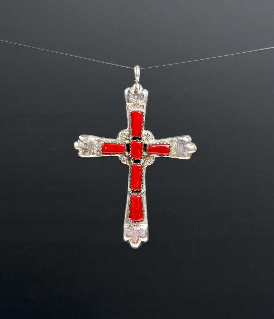 Zuni Sterling Silver Coral Cross Pendant: 2 1/8" long. 17.86 grams.