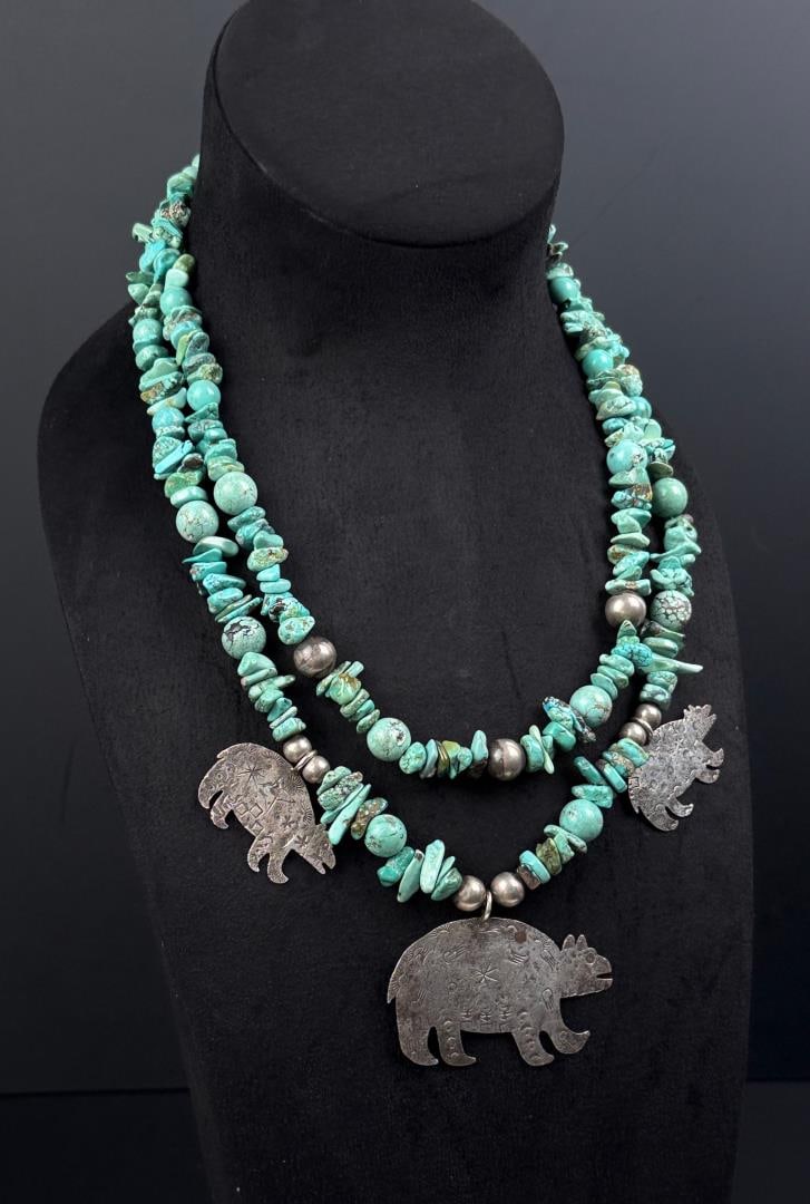 Turza Wells & Andrew Shows Sterling Bear Necklace: Sterling Silver and Turquoise. 14" long as displayed. 191 grams.