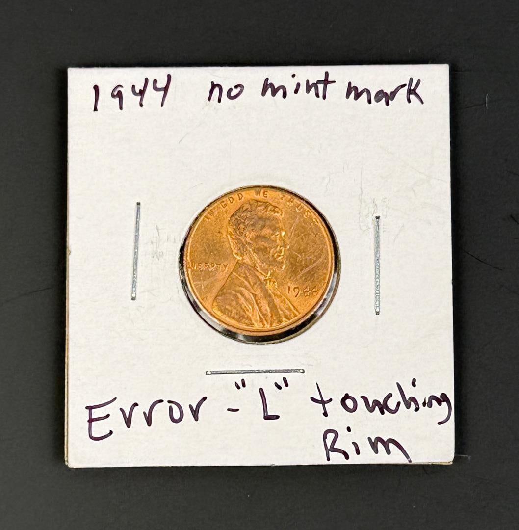 1944 Penny Wheat Cent Error Coin: L Touching Rim Error