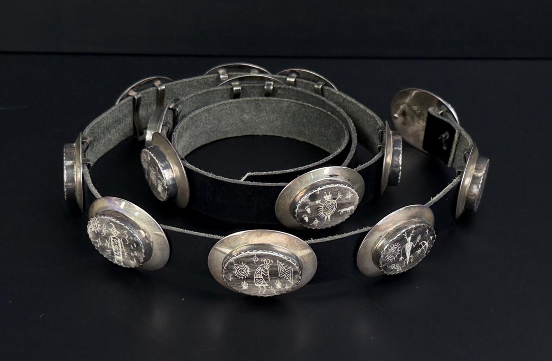 Allen Aragon Navajo Sterling Silver Concho Belt: Conchos are 160.1 grams without leather. Belt is 42 1/2" long from buckle to belt tip.