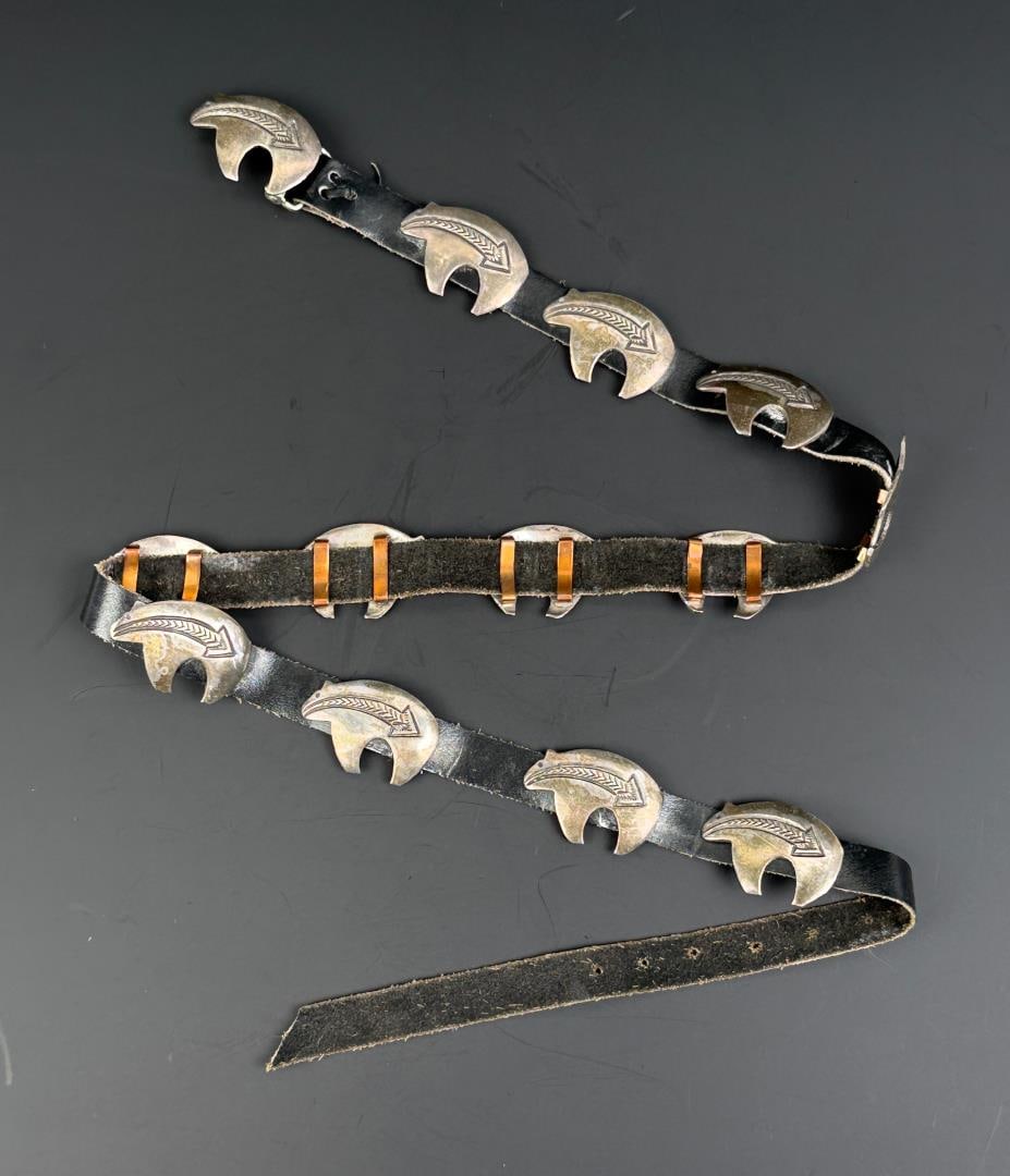 Beatrice Kee Navajo Sterling Bear Concho Belt: Conchos are 214 grams alone without leather. 42 1/2" long from tip to tip.