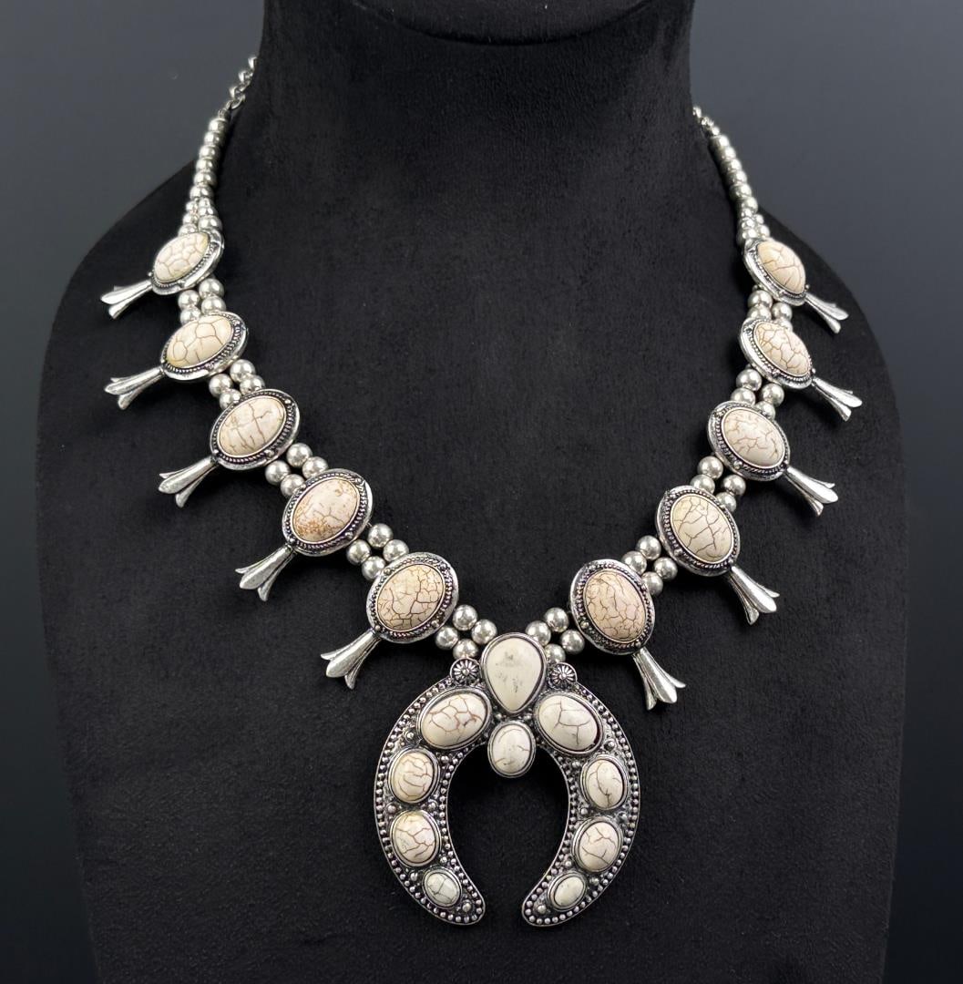 Costume Jewelry Squash Blossom Necklace: 15 1/4" long as displayed.