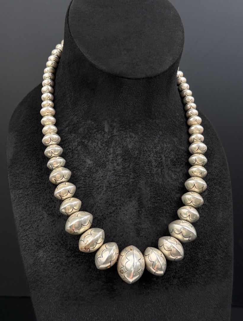 Exceptional Navajo Sterling Pearls Necklace: 126 grams. 12" long as displayed.