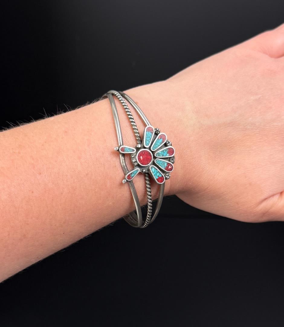 Navajo Chip Inlaid Sterling Silver Bracelet: 6 1/2" inner circumference. 22.25 grams.
