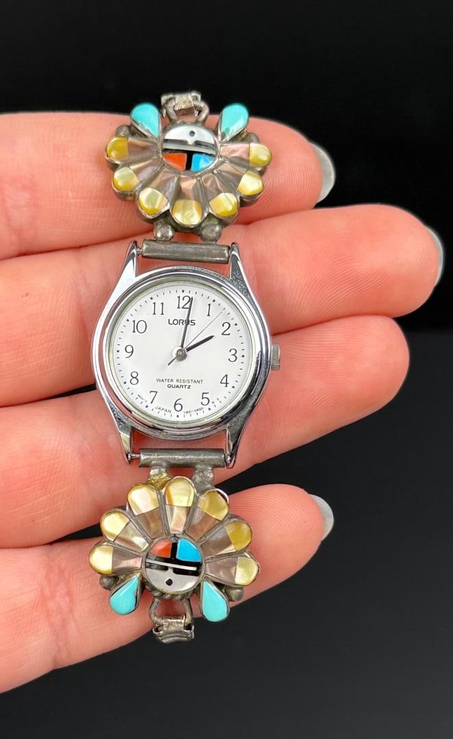 Andrew Laahte Zuni Sterling Silver Watch Band: Sunface. Watch is untested.