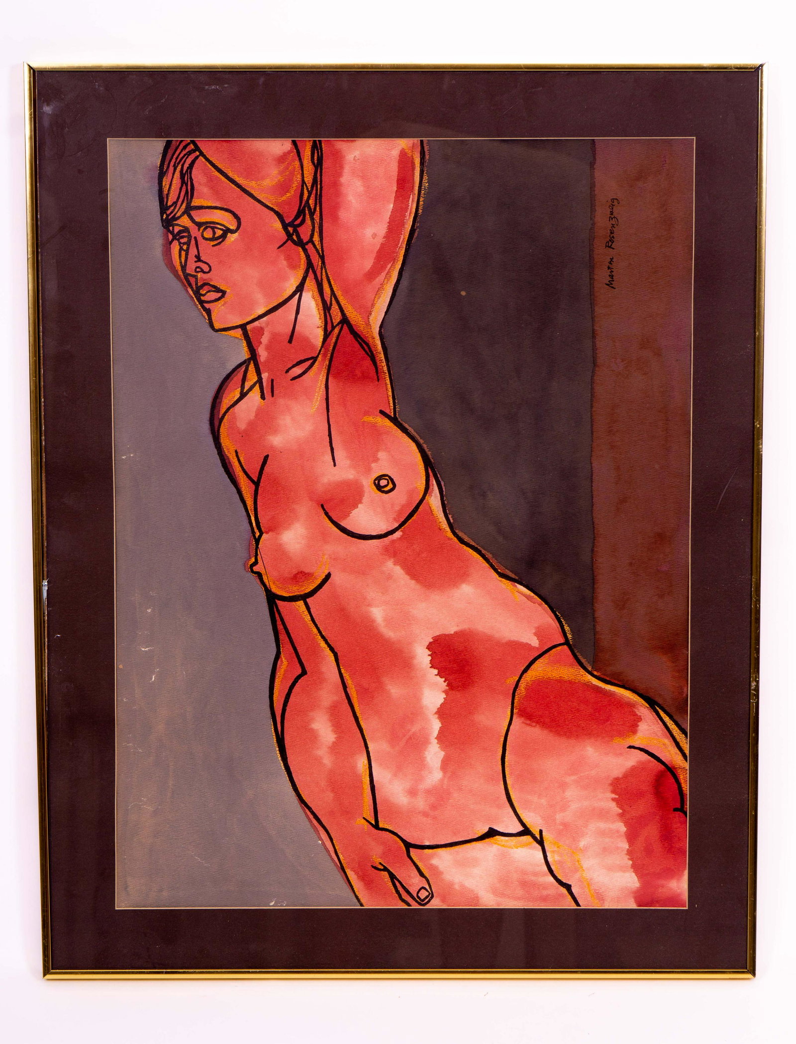 Mixed Media Female Nude by Martin Rosenzweig: Composition of watercolor paint, oil pastel and ink of a reclining female nude in tones of red and orange against a purple grey background, signed Marting Rosenzweig in the lower right, matted in dark
