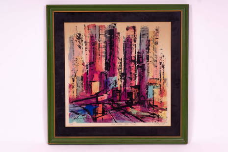 Signed Artist's Proof 'Late' by Xanti Schawinsky: Artist's proof of an abstract painting in tones of purple, pink and black, titled in pencil "Late" in the lower left, signed "Best wishes1963 Xanti" in the central lower margin, and marked "artist's p