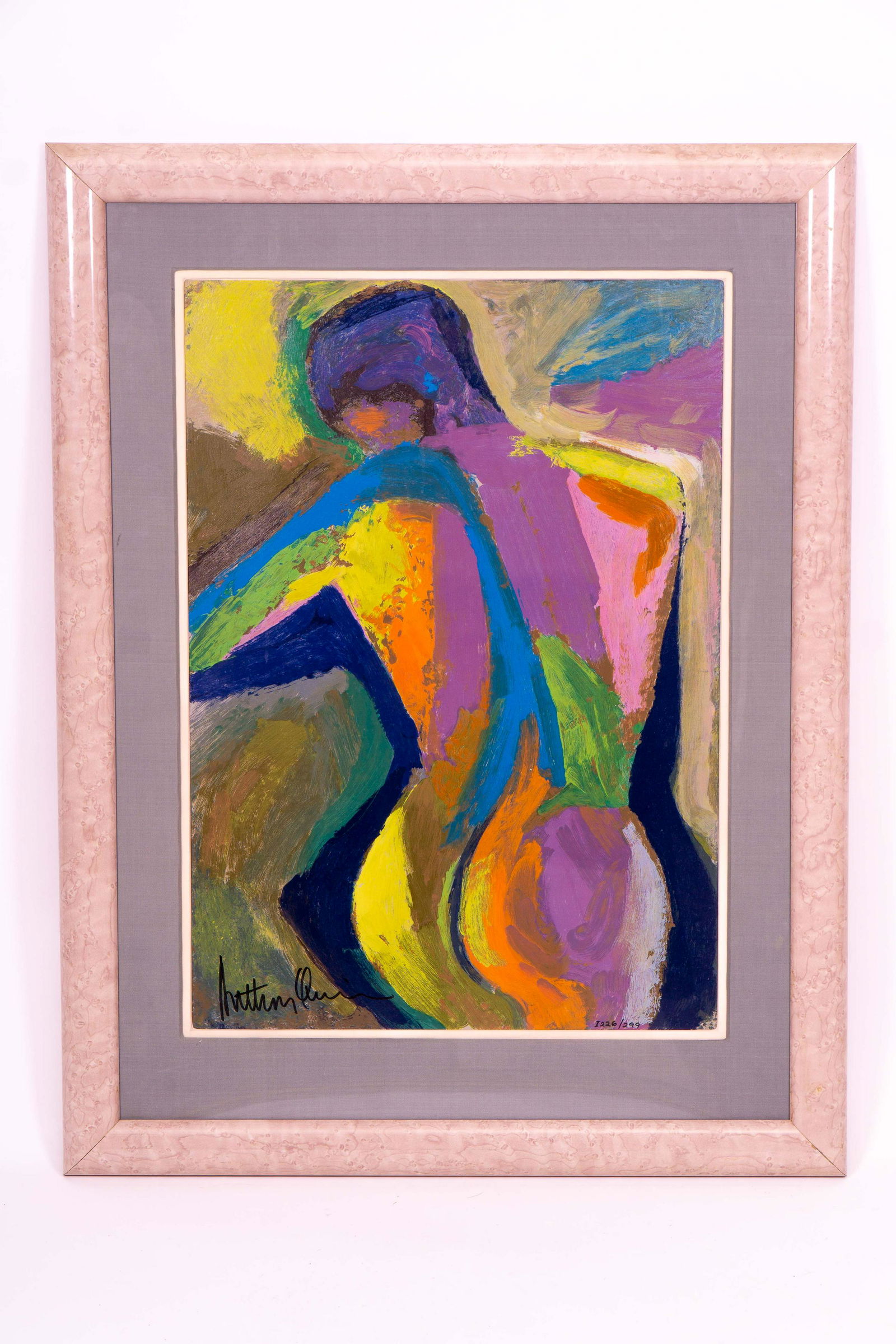 Signed Limited Edition Impressionist Nude Print by: Print of a colorful contemporary impressionist style painting on board depicting a seated nude viewed from the rear. Signed Anthony Quinn (Mexican, 1915-2001) in left bottom corner, in the bottom righ