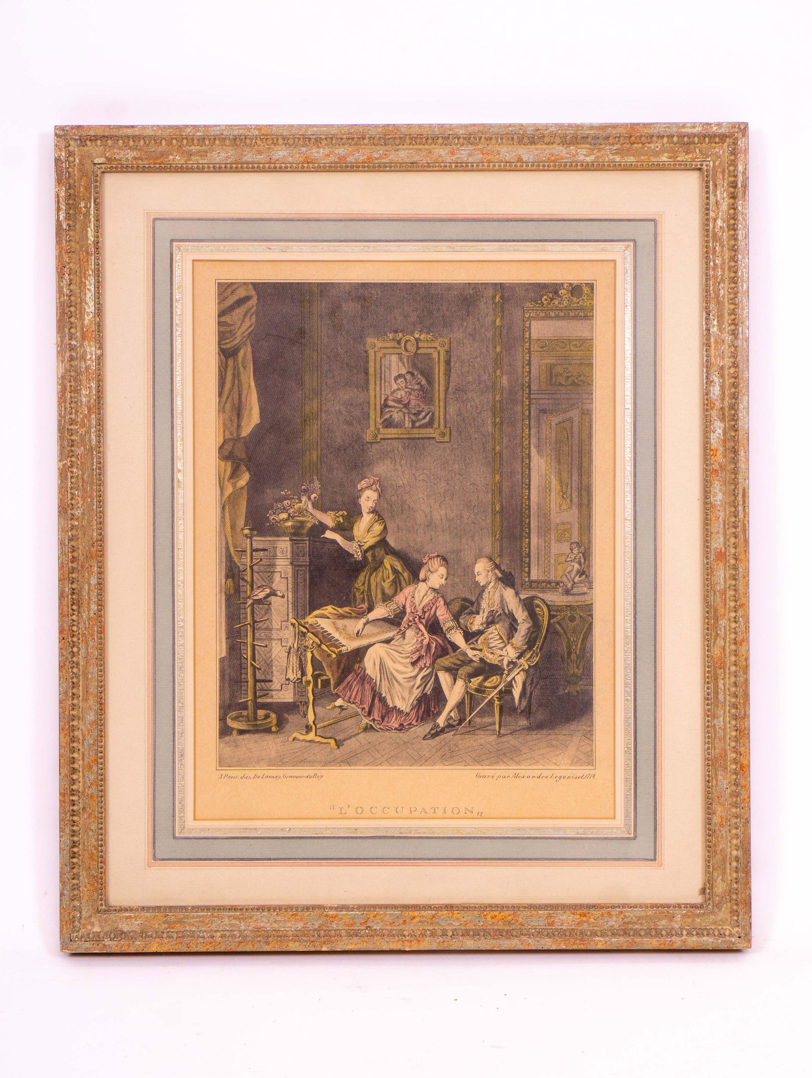 Antique French Engraving 'La'Occupation': Antique hand-colored engraving depicting a Renaissance era courting couple flirting, while a maid and a pet parrot look on, matted in white and framed in an antiqued molded wood frame. Measures 16" x 