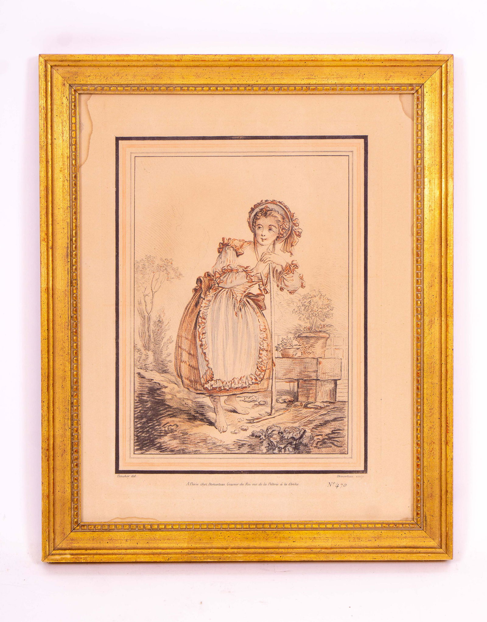 Antique French Hand-Colored Engraving of Barefoot Girl (1 of 3)