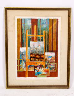 Signed Limited Edition Lithograph by Tony Agostini: Lithograph of "Still Life of an Artist's Studio with Easel", numbered 175/275 in pencil in the lower left and signed in pencil in the lower right, matted and framed in a wood and brass detail frame. L