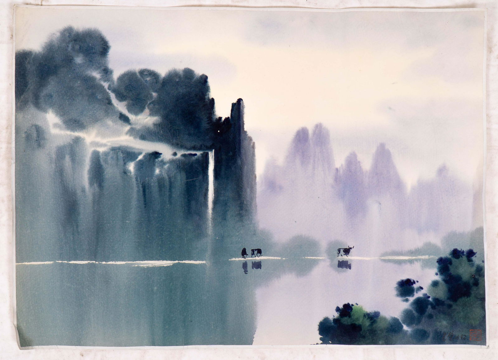 Signed Asian Watercolor Landscape Painting with Cows (1 of 3)