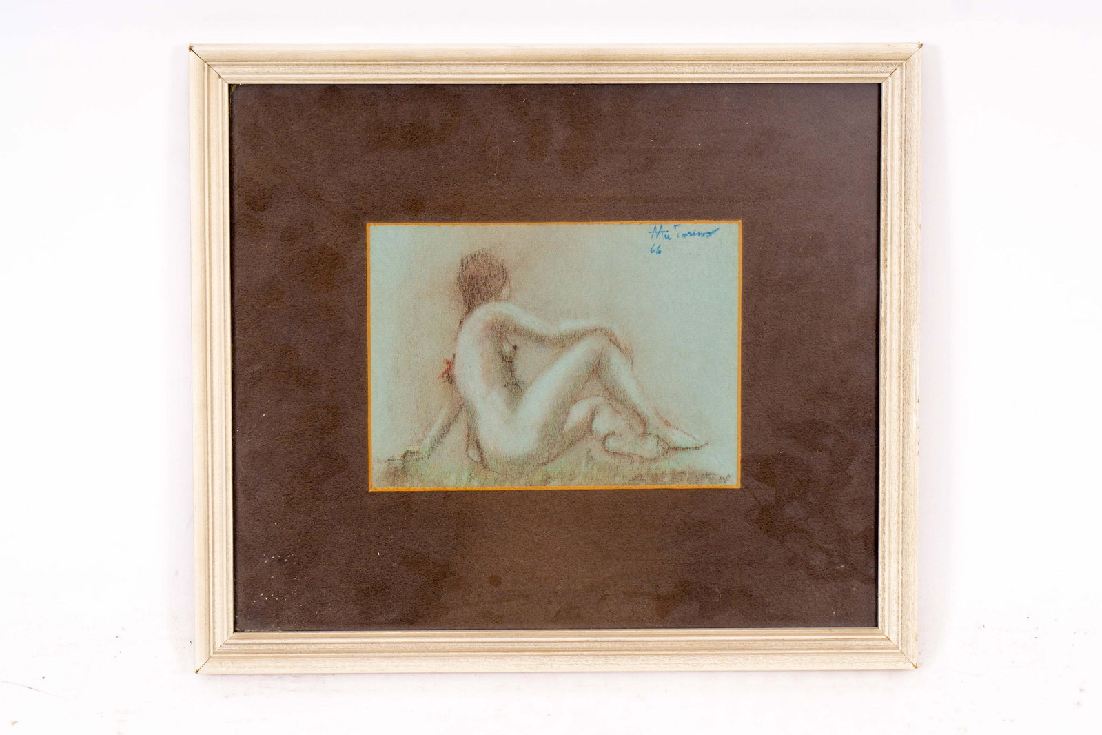 Signed Female Nude Oil Pastel Drawing by Mia Torino: Oil pastel drawing depicting a reclining female nude, with her back to the viewer, propped up on one hand, signed Mia Torino, dated '66, in blue ink in the upper right, matted in brown and housed in a