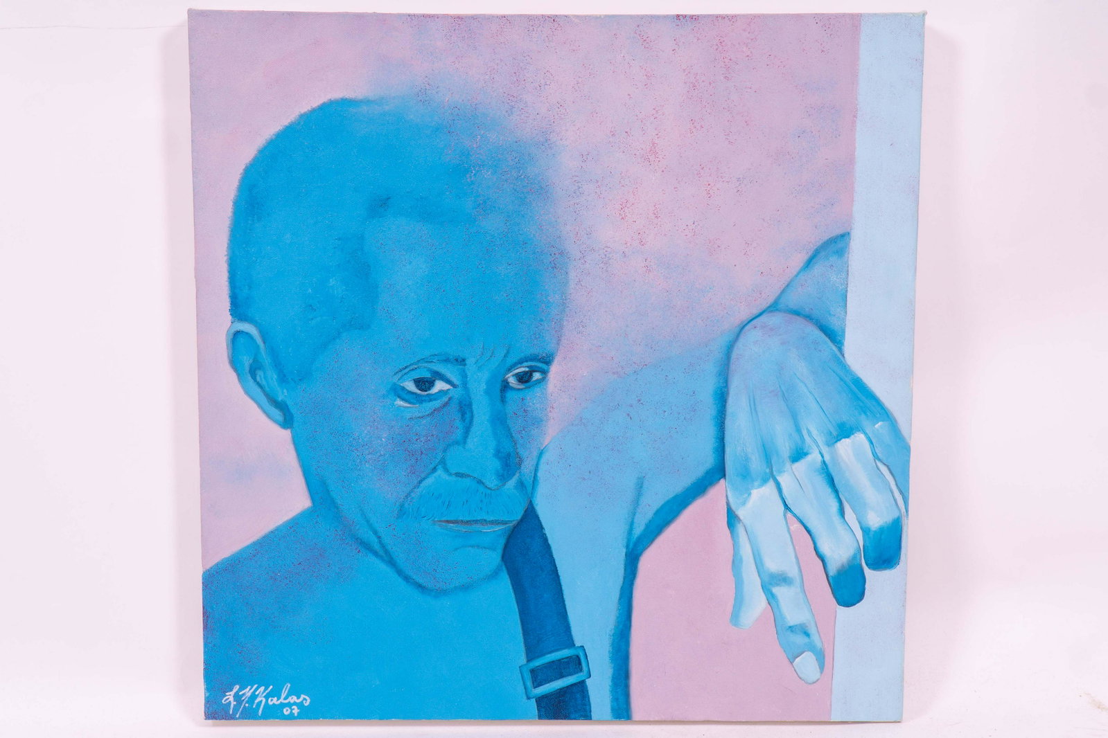 Original Painting 'Man in Blue' by Leon Kalas: Original painting on stretched canvas, a study in blue of a man posed with his arm leaned up against a wall against a lavender background, signed in the bottom left L.N. Kalas '07 in paint, with title
