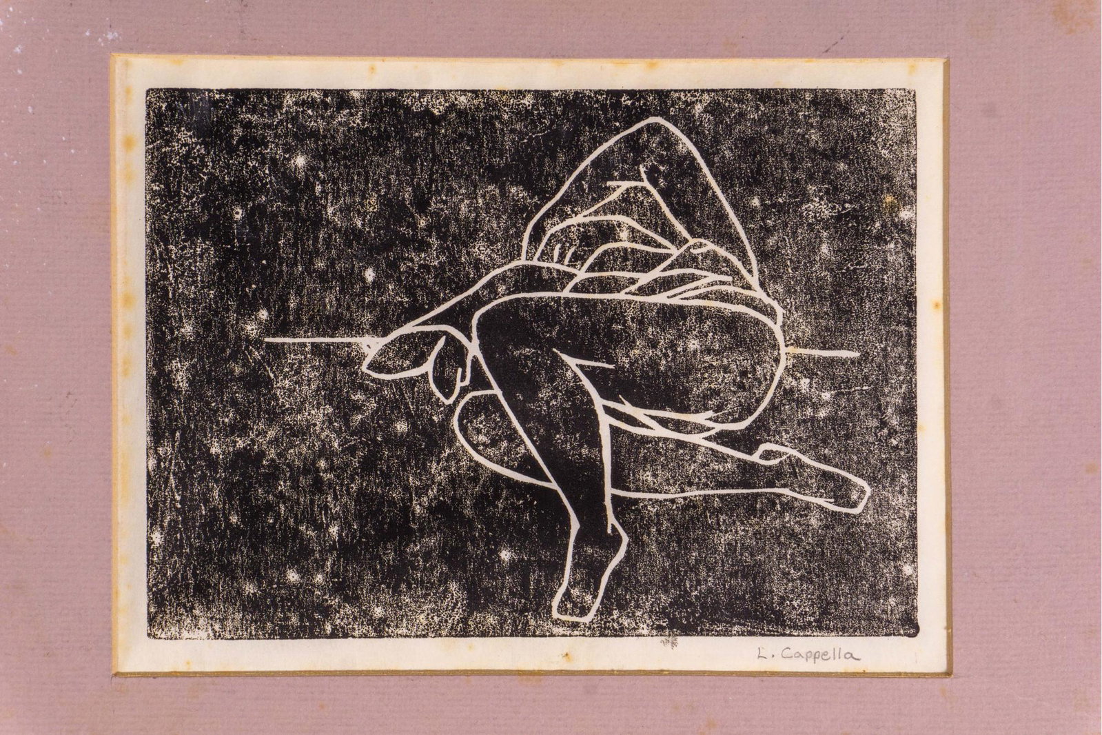 Signed Block Print After Matisse: Vintage block print in black and white, depicting a Matisse-inspired reclining nude, signed L. Capella, presented in grey matting. Print and matting show foxing throughout. Measures 14" x 12".