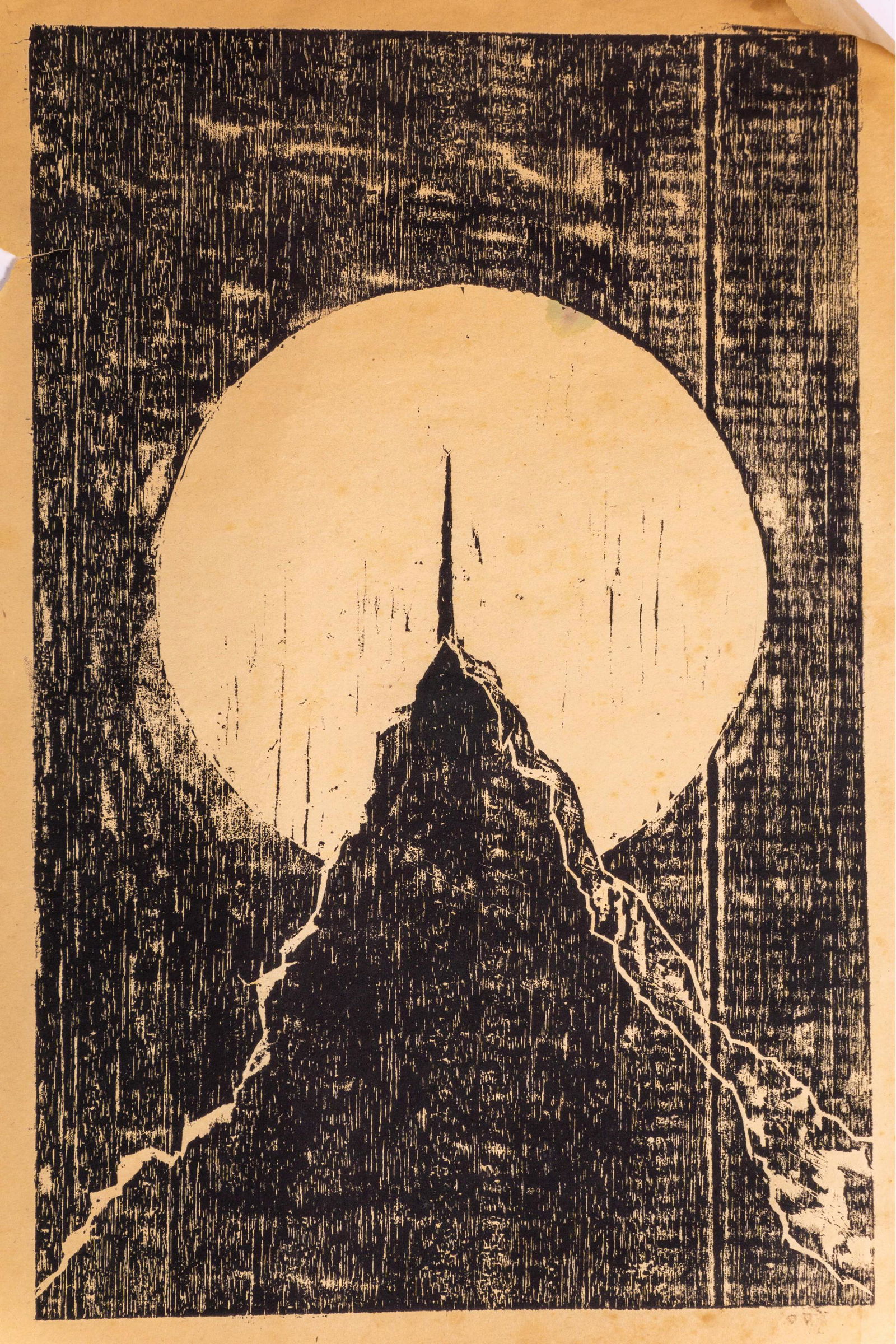 Charcoal Sketch of A Moon Rise: Charcoal on paper sketch of an obelisk in front of a rising moon, unframed. Paper is somewhat tattered but artwork is in good shape. Measures 14" x 21".