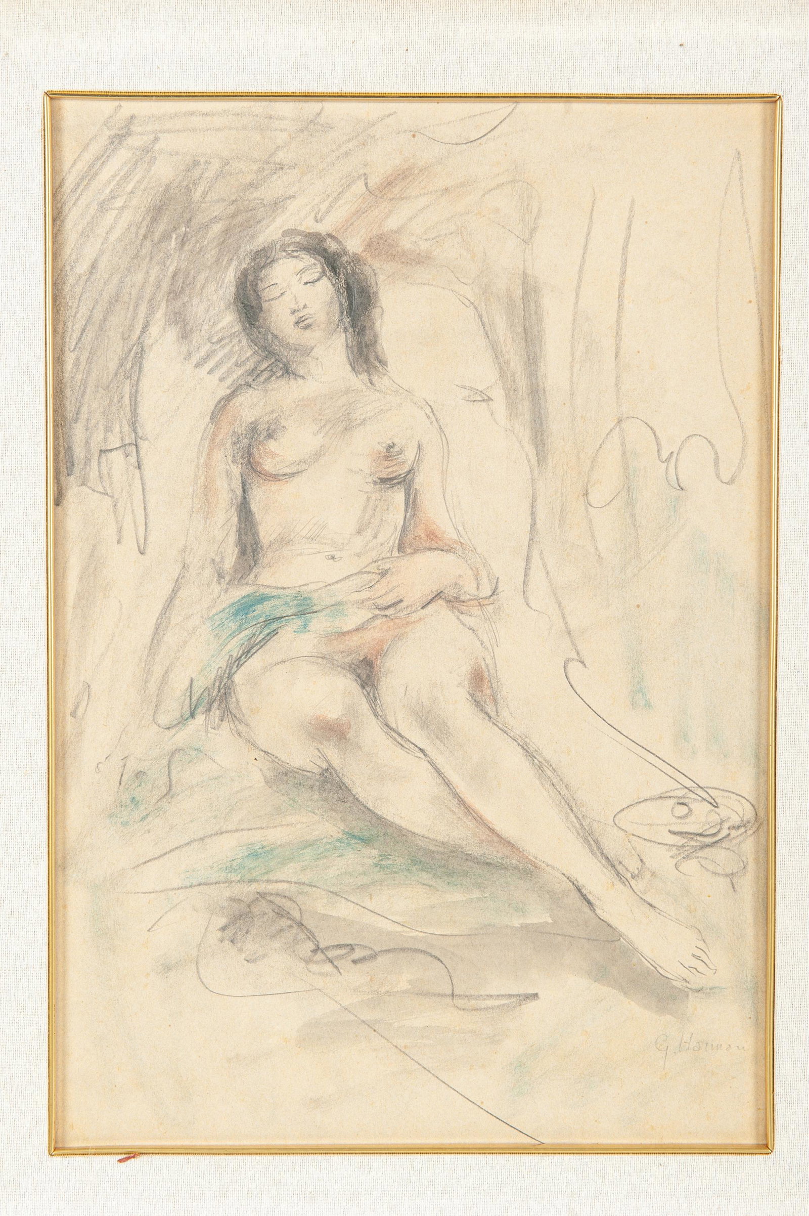 Reclining Nude Female Figural Sketch: Pencil on paper in thin gold tone frame. Signed lower right G. Harman. Measures 23" x 25".