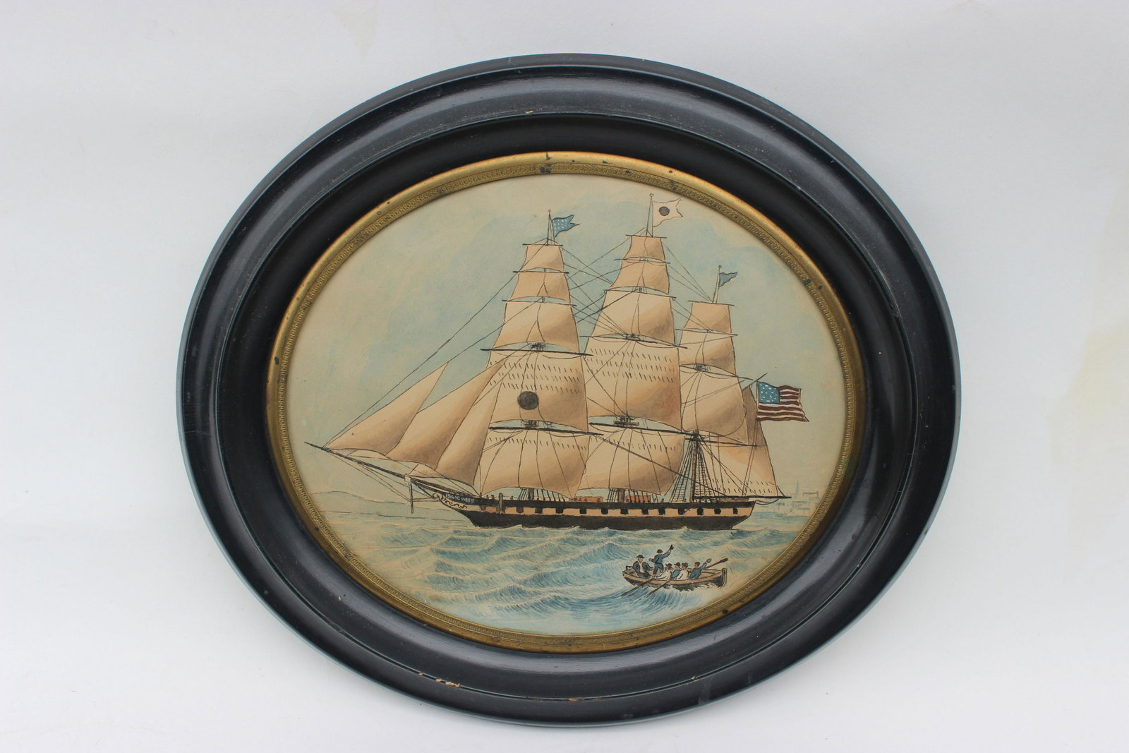 W/C 19TH C SHIP PAINTING "ISAAC WEBB", NAUTICAL: Wonderful oval painting of the Isaac Webb Ship on of the Black Bull Lines of New York. Original oval frame with a brass liner and concave glass. Size of image is 7" x 8"