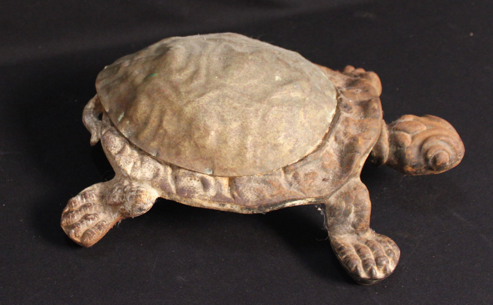 CAST IRON BRADLEY & HUBBARD TURTLE SPITTOON: Made by Bradley and Hubbard. Signed, â€œB&H, 3523”. Cast Iron with tin lid, has original tray. Step downward on head and lid opens. Condition poor finish has rust. Size 14" L.