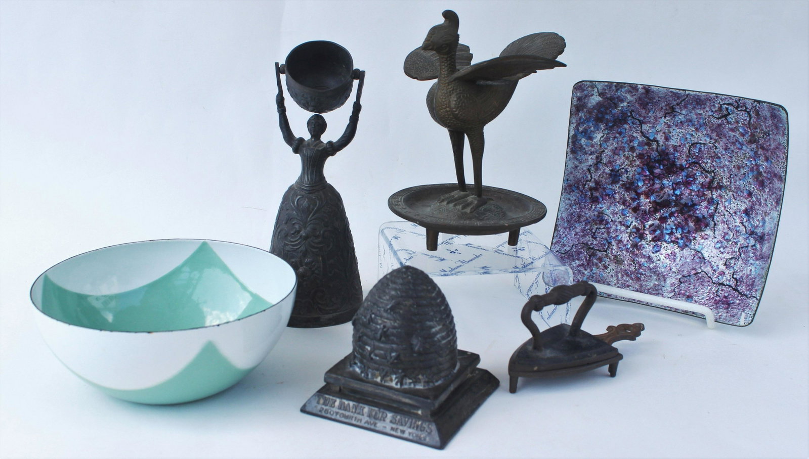 LOT OF ASSORTED METAL ITEMS: Mid century Catherine Holmes bowl, Marion Lang enameled dish, German wedding cup, Asian brass bird, bee hive bank, miniature toy iron.