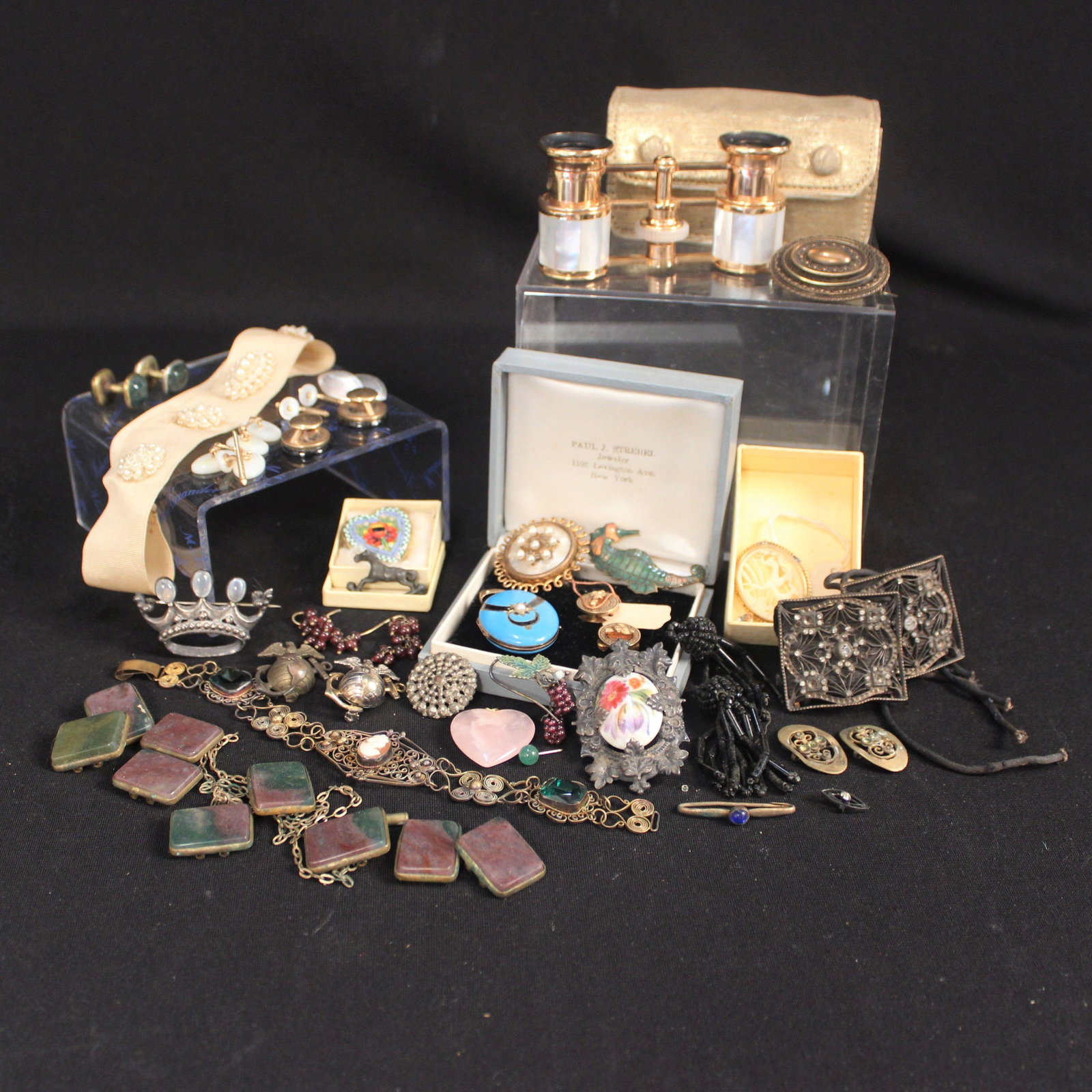 VICTORIAN JEWELRY LOT: This is an assortment of jewelry was the contents of several boxes of parts & pieces please view photos. Some pieces are marked 14k including mother of pearl tuxedo set, 1 cufflink & pair of onyx butt