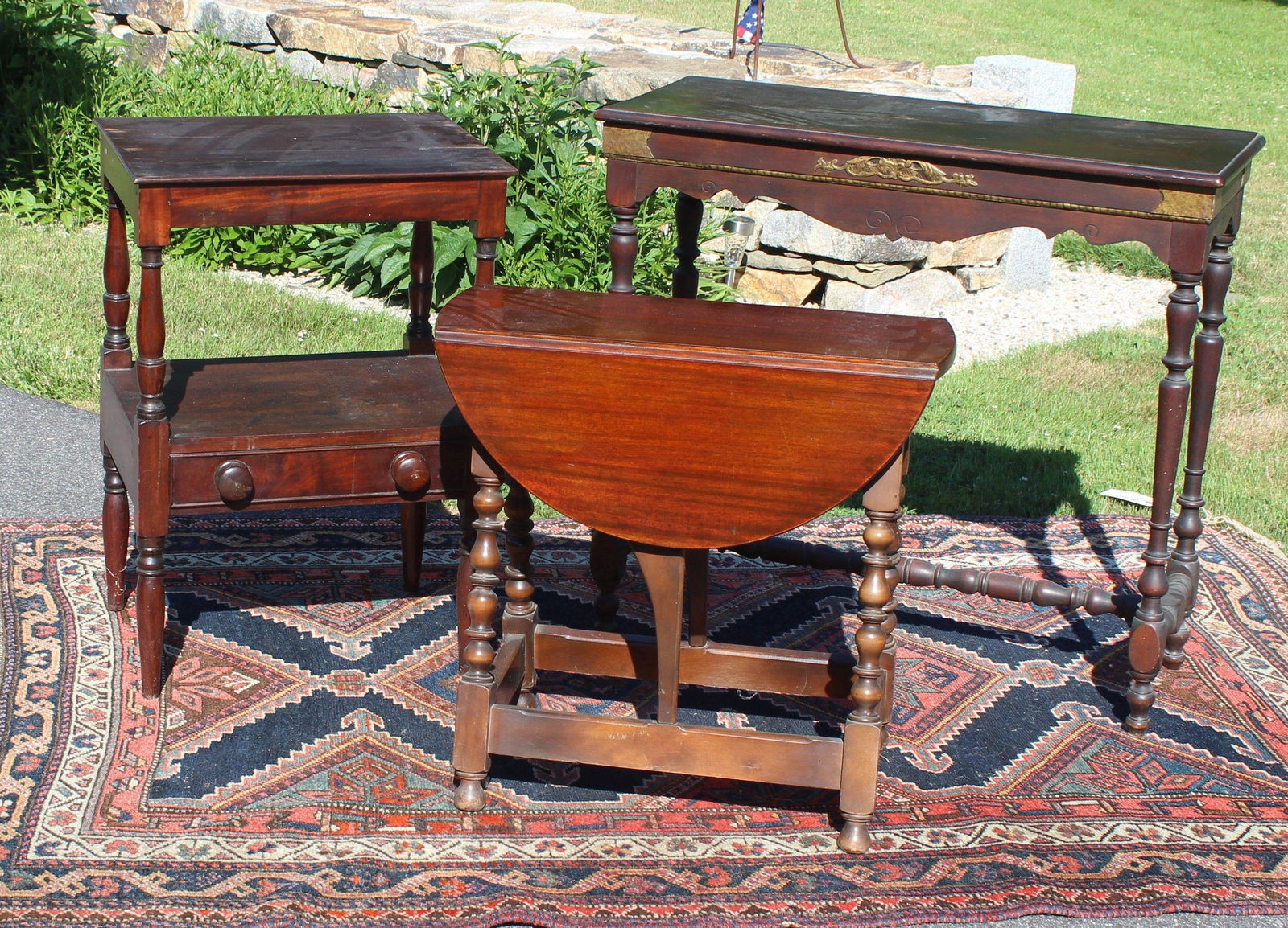THREE 20TH C OCCAISIONAL TABLES: Walnut hall table 35" L x 32" H. Antique mahogany wash stand with drawer & shelf 30"H x 14". Maple drop leaf butterfly table 25"H. normal wear condition