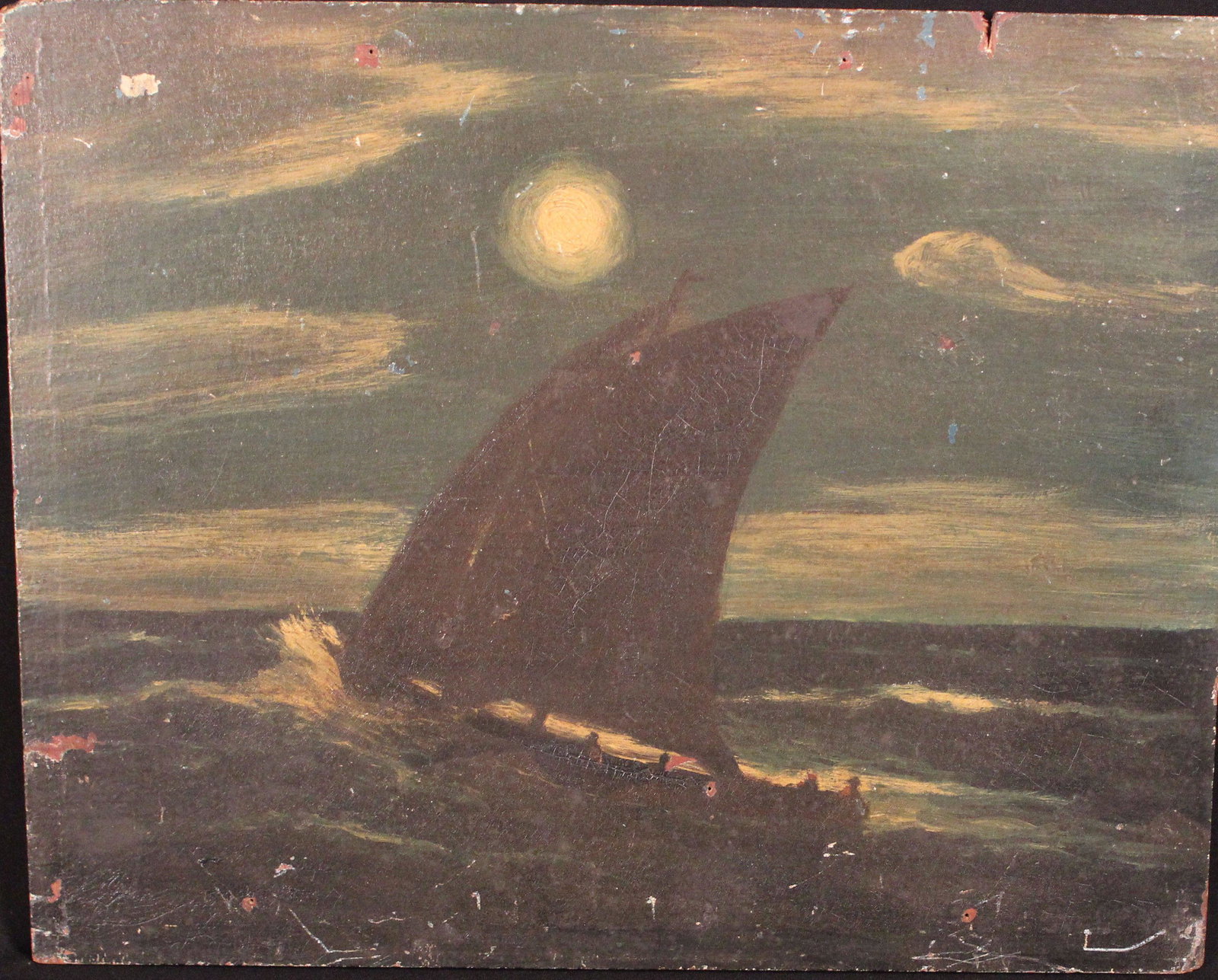 ALBERT PINKHAM RYDER(1847-1917) Am: Oil on board of a ship at night under the moon. Attributed to A. Pinkham Ryder size 14.5 x 18. Buyer has 30 days to have this painting authenticated by the expert on A.P. Ryder for full refund on pain