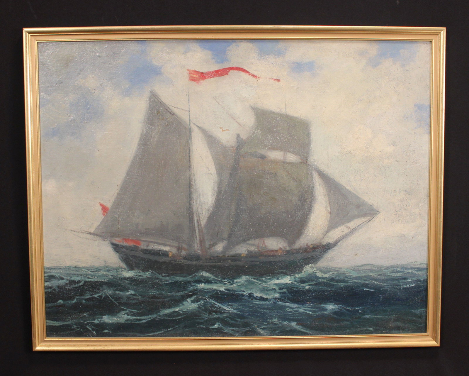 CONTINTENTAL OIL PAINTING OF A SAILING SHIP: 19th century painting of a ship under full sail. size 23" x 30" .