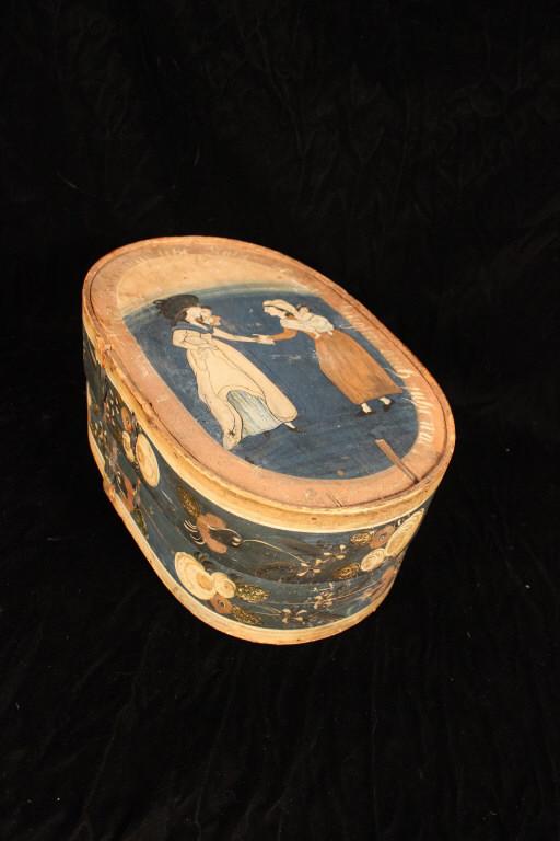 PAINTED SCANDINAVIAN BRIDE'S BOX: Darker blue with group of people on the cover. Size 11.75" W x 17.75" L x 8" H Condition Large split half way around box , also the cover is stuck on I did not want to force it off.