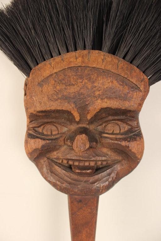 RARE BRASSTOWN BLACK AMERICANA CARVING: John C. Campbell Folk School, Brasstown, North Carolina carved folk art broom - Black Americana from a private collection belonging to Kay Forte. It was passed from Isabel Rawn to her closet friend Ka