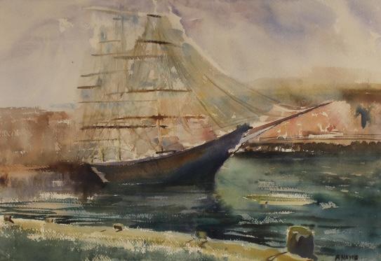 ADA HAYES, COASTAL WATERCOLORS: Two framed watercolors one is of a ship in full sail in the Piscataqua River, the other is a seascape. Both are signed Ada Hayes local New Hampshire Seacoast artist, from a family member. Size 14" x 2