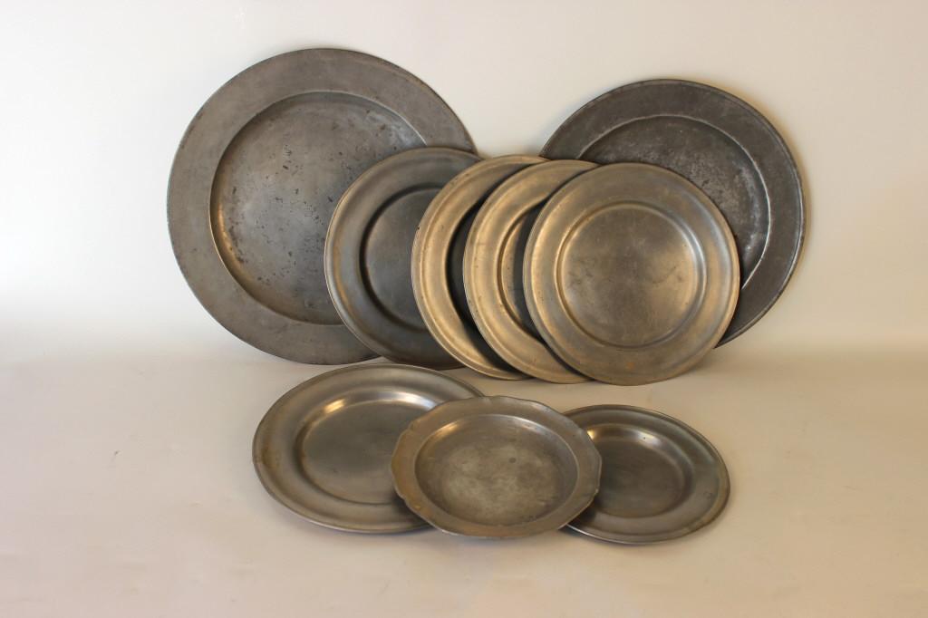 PEWTER CHARGERS & PLATE LOT: Lot of nine pieces of pewter mostly with English Hallmarks. Large Charger 15" D. Weight 15 pounds Condition Estate lot shows use, needs cleaning.