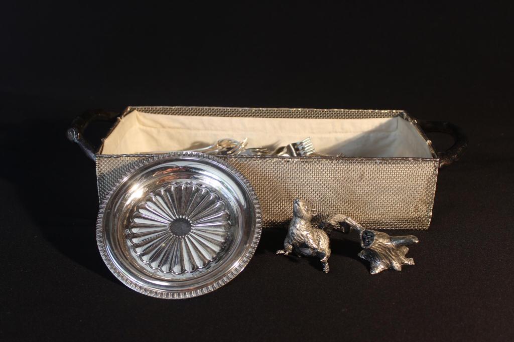 GROUPING OF SILVER PLATE: Cristofle wine 6" coaster, salt & pepper squirrel & tree trunk, 71 Reed & Barton cocktail forks, Mesh wire basket signed on handle.