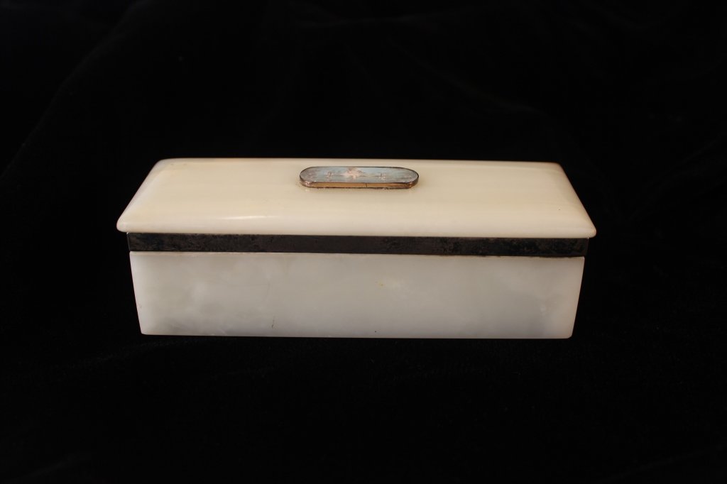 KIRBY BEARD & CO PARIS ONYX BOX: Silver rimmed box marked Kirby & Beard & Co. Paris w/hallmarks, the box is onyx with a inserted medallion top with a hand painted scene appears to be on bone with a painted scene of a cherub playing a
