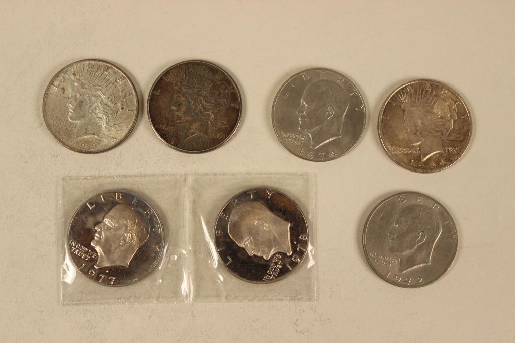 3 - Silver Peace Dollars, 4 Eisenhower Dollars (1 of 4)