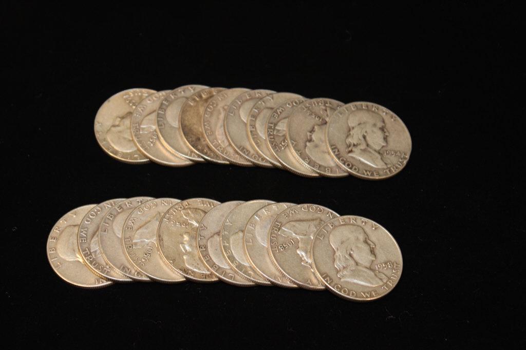 $10.00 Face  Ben Franklin Half Dollars  1954-59 (1 of 3)